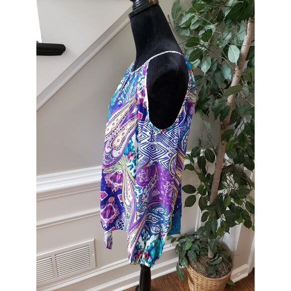 Chico's Shirt Top Women 0 Multicolor Cold Shoulder Sleeve Keyhole Back Tie Hem - Picture 11 of 11